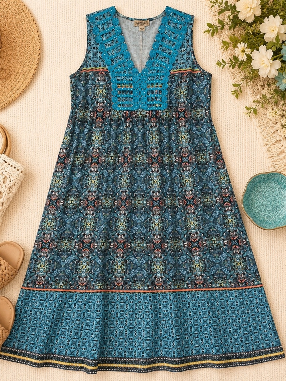 One World Turquoise Boho Maxi Dress Crochet Trim M
